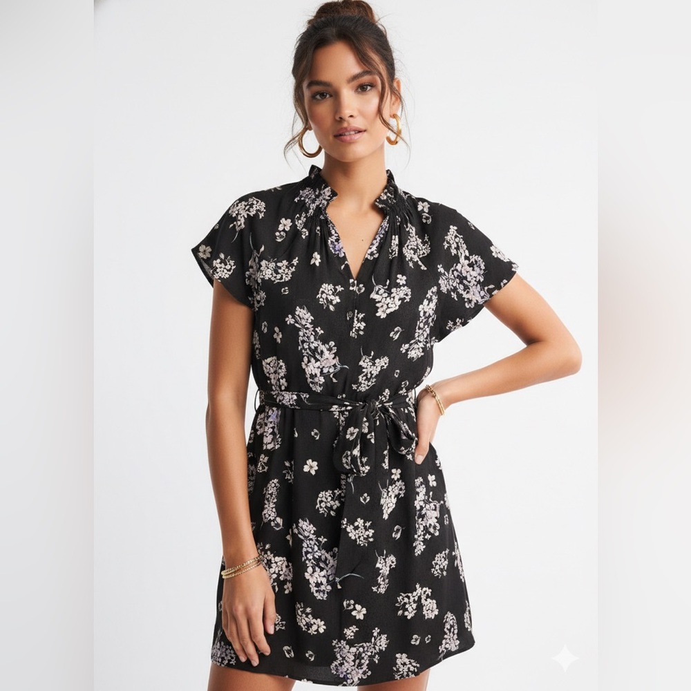 Rebecca Taylor Black Silk Dress with Purple Floral Design